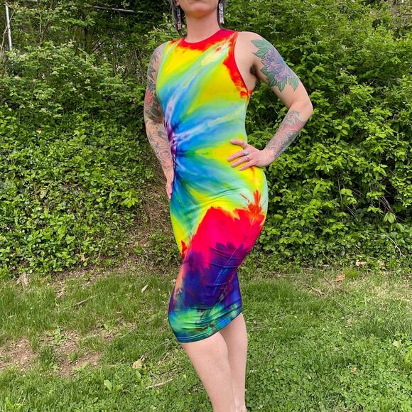 Ice Dyed Rainbow Dress - Sleeveless Tank Bodycon - Vibrant (Women's Small) - Picture 6 of 10